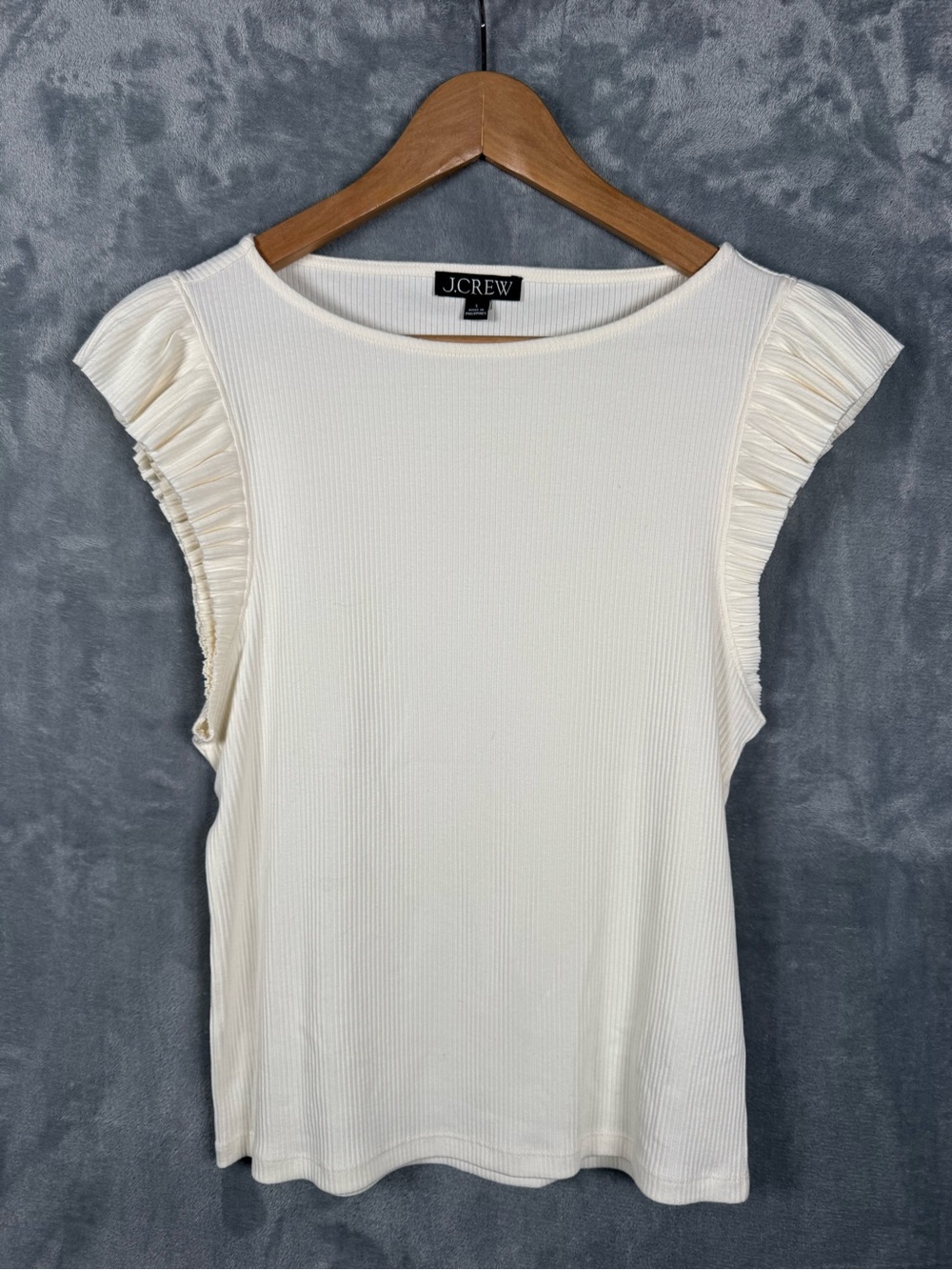 J. Crew Ivory/Cream Vintage Ribbed Ruffle-Sleeve Boatneck Tank Size Large